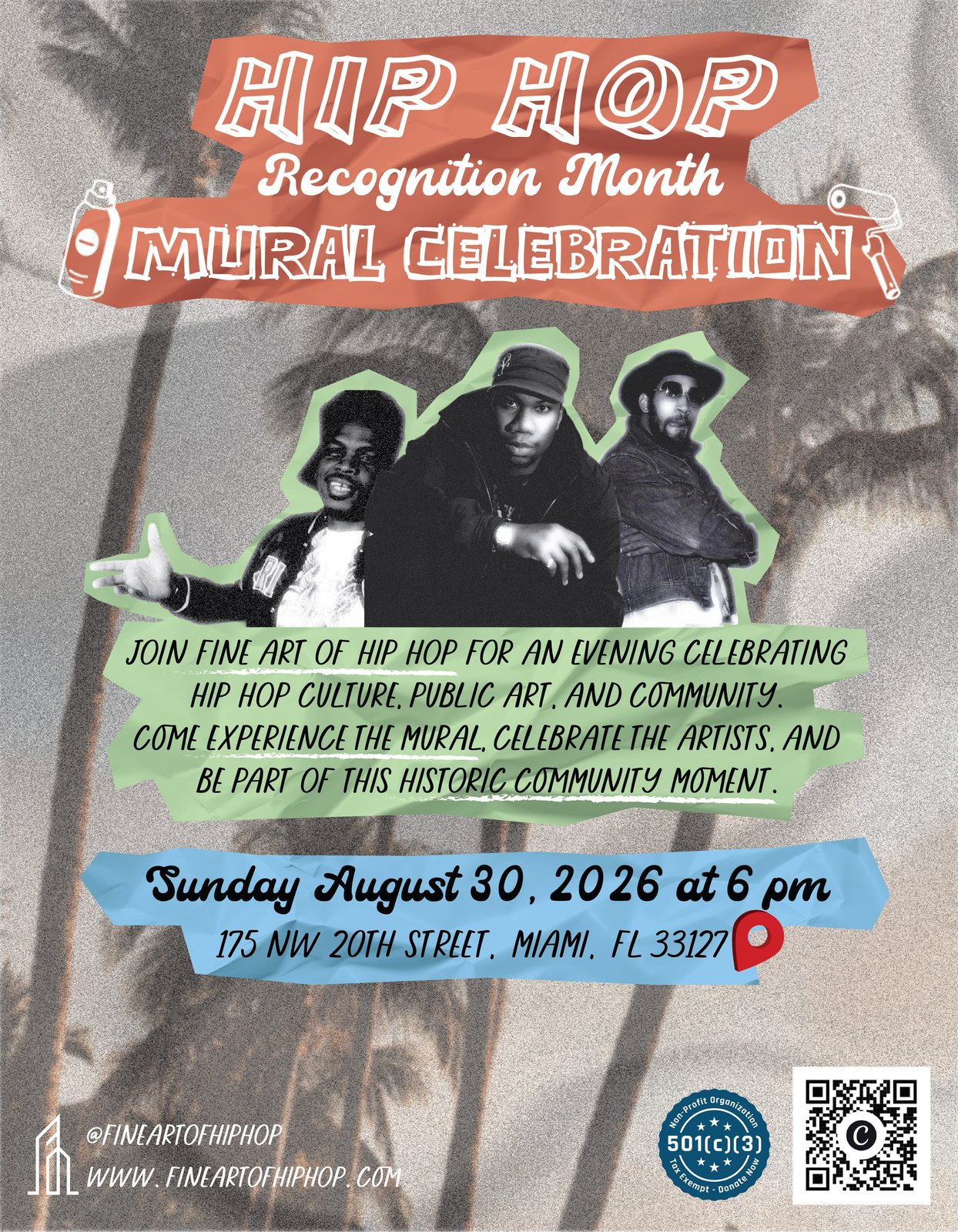 Hip Hop Recognition Month Mural Celebration flyer — Sunday August 30, 2026 at 6 pm, 175 NW 20th Street, Miami FL 33127